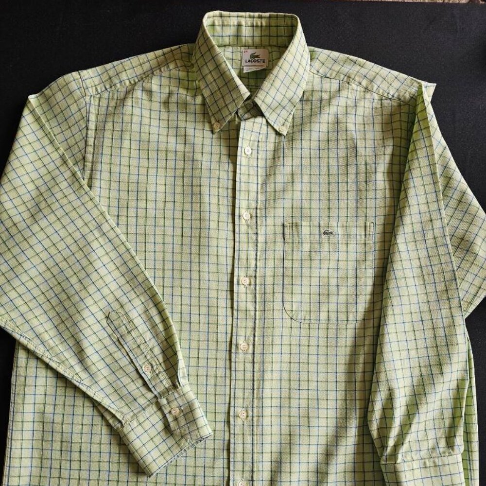 Lacoste Men's Size 44 Dress Shirt, Plaid, Green, Cotton